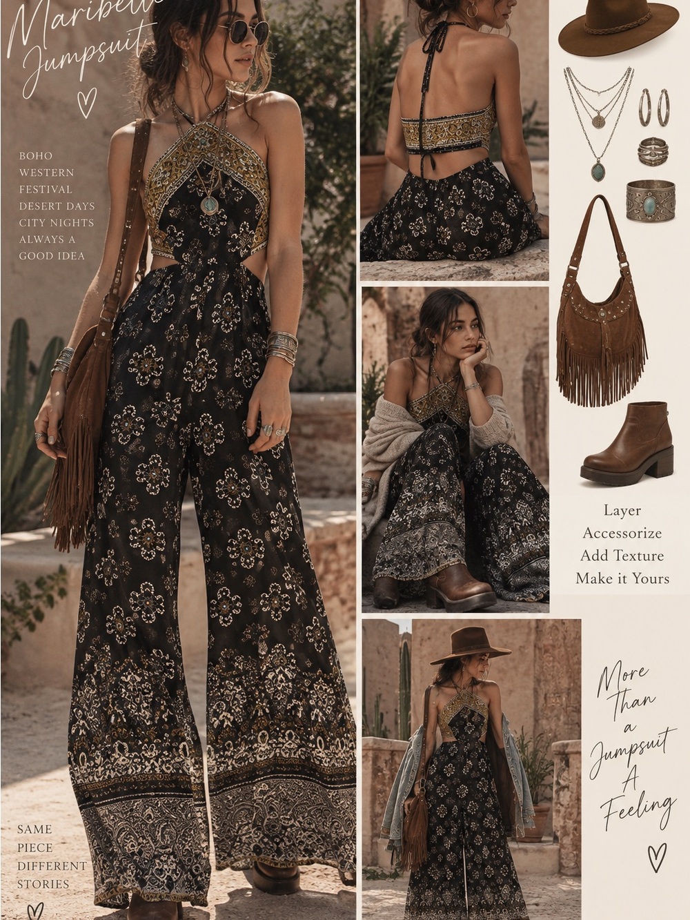Free People Maribelle Halter Jumpsuit Bohemian Festival Western Style - M
